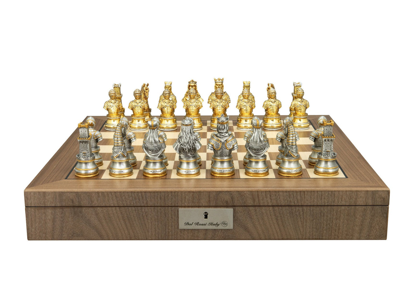 Medieval Warriors chessmen/Walnut Inlaid Chess Box 20″