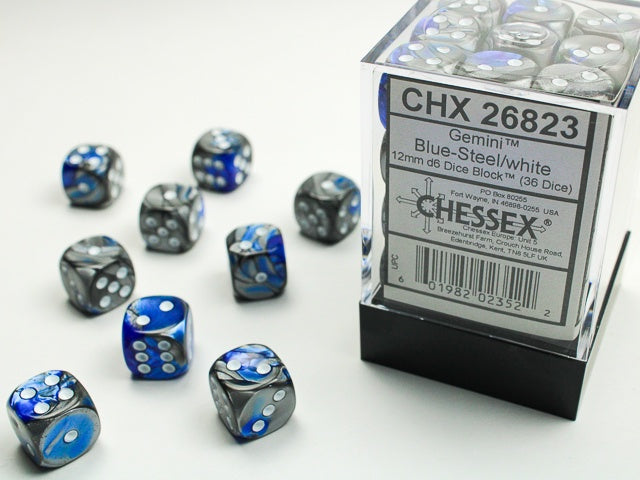 CHX: Gemini Dice (36 d6) [12mm]: Blue-Silver w/White