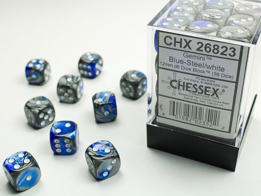 CHX: Gemini Dice (36 d6) [12mm]: Blue-Silver w/White