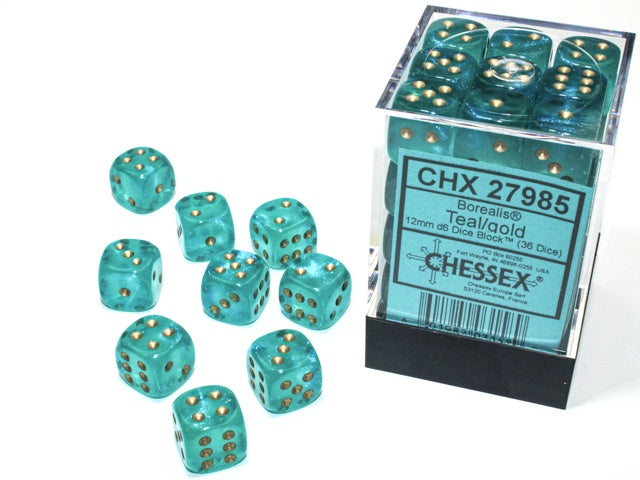 CHX: Borealis Dice (36 d6) [12mm]: Teal/Gold