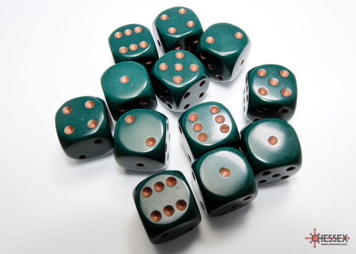 CHX: Opaque Dice (12 d6) [16mm]: Dusty Green w/Copper