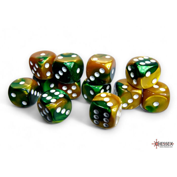 CHX: Gemini Dice (12 d6) [16mm]: Gold-Green w/White
