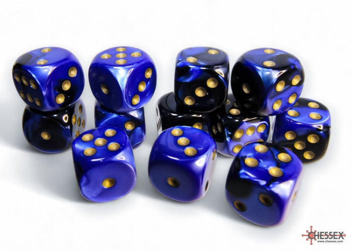 CHX: Gemini Dice (12 d6) [16mm]: Black-Blue w/Gold