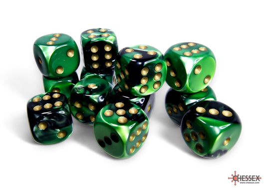 CHX: Gemini Dice (12 d6) [16mm]: Black-Green w/Gold