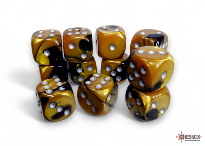 CHX: Gemini Dice (12 d6) [16mm]: Black-Gold w/Silver