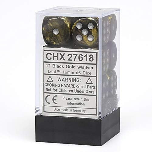 CHX: Leaf Dice (12 d6) [16mm]: Black Gold w/Silver