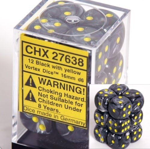 CHX: Vortex Dice (12 d6) [16mm]: Black w/Yellow