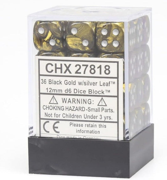 CHX: Leaf Dice (36 d6) [12mm]: Black Gold w/Silver