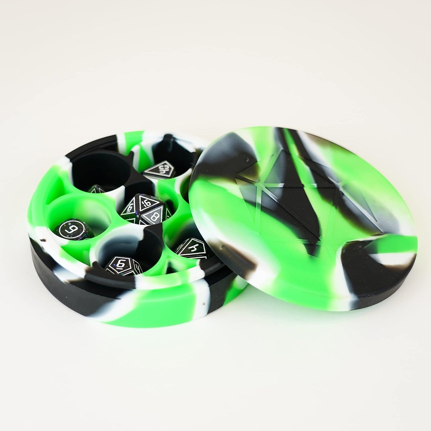 Silicone Round Dice Case: Green, Black & White