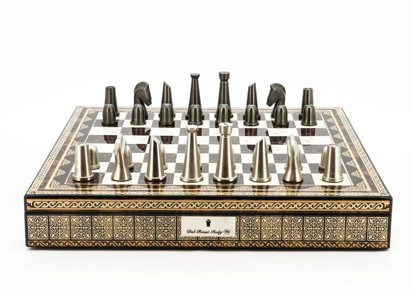 DR: Metal Dark Titanium and Silver chessmen 85mm on Mosaic Finish Chess Box [20"]