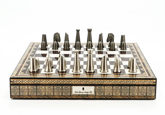 DR: Metal Dark Titanium and Silver chessmen 85mm on Mosaic Finish Chess Box [20"]