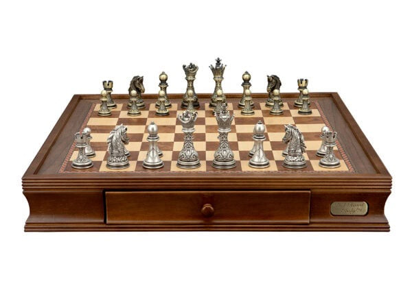 Walnut Finish Chess Box 20” with drawers and Regal Copper and Silver 90mm Chess Pieces