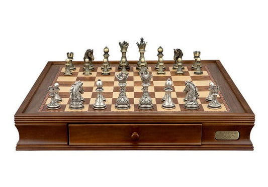Walnut Finish Chess Box 20” with drawers and Regal Copper and Silver 90mm Chess Pieces